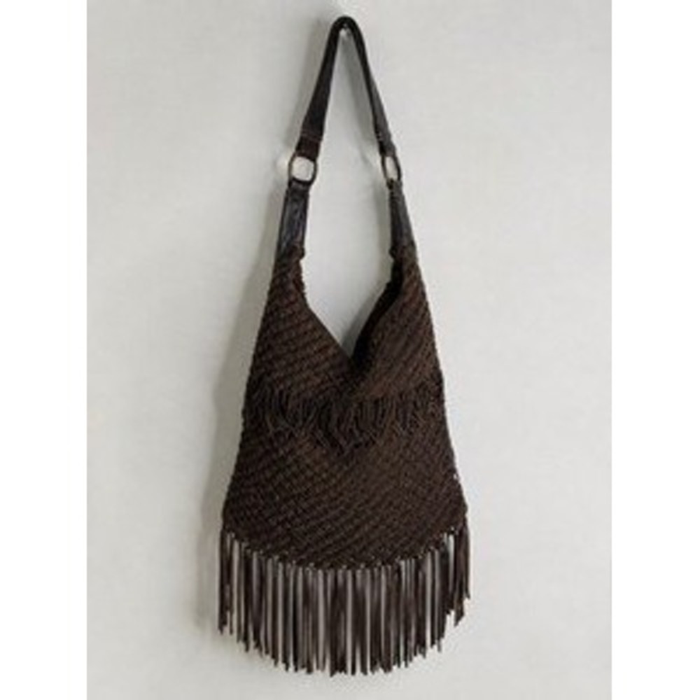 Lucky Brand Hobo Bag Womens OS Brown Suede Woven Fringe Leather Trim